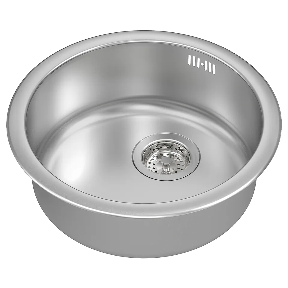 Stainless steel sink, round design, single bowl, modern look.