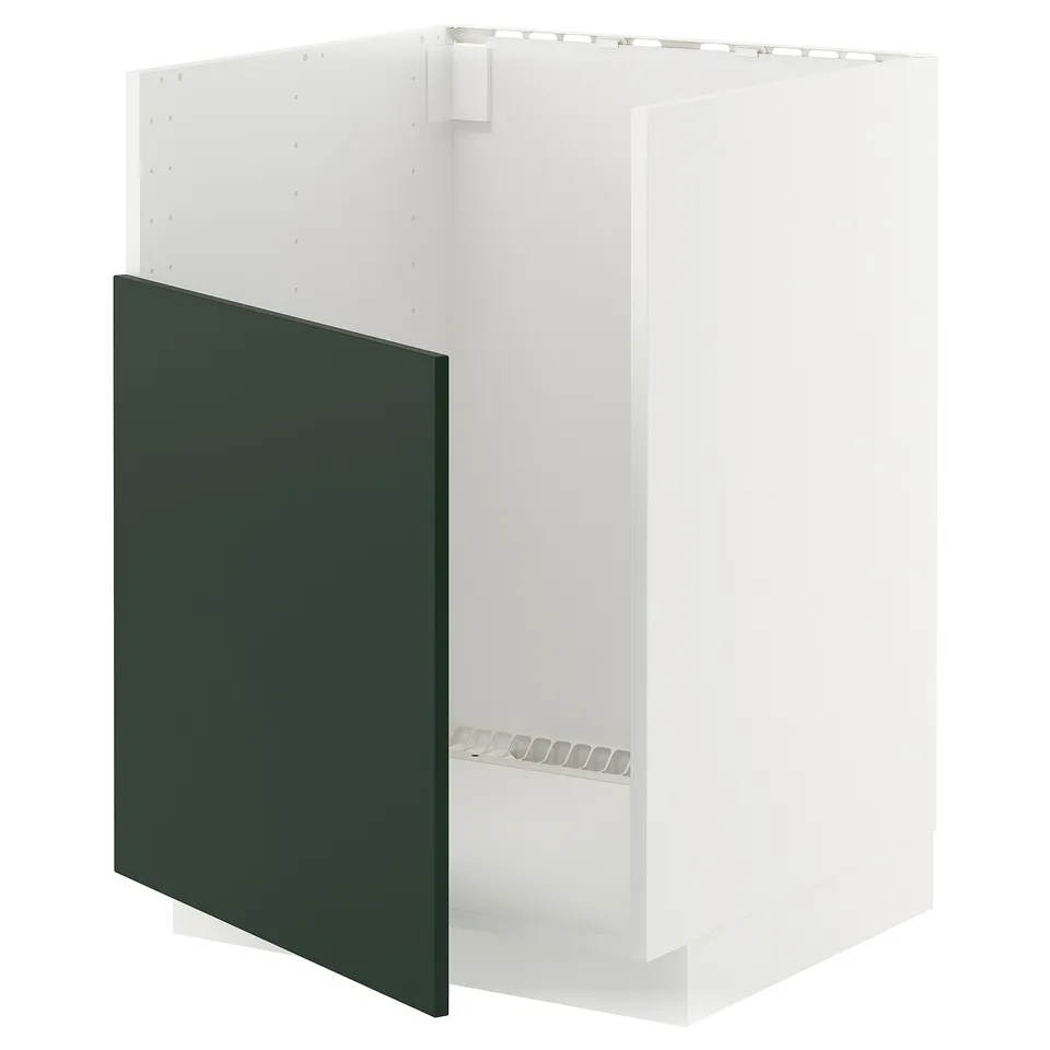 White METOD kitchen cabinet with dark green door.