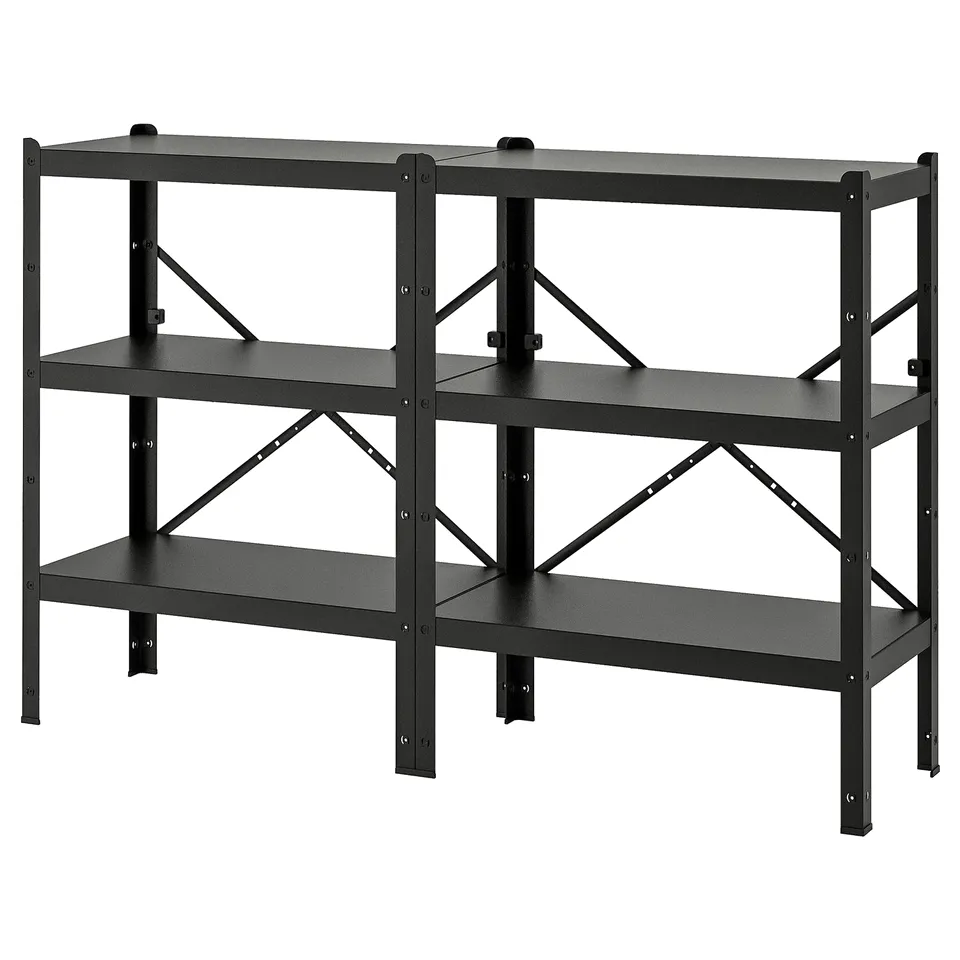 Black BROR shelf unit, sturdy metal design with three tiers, ideal for heavy storage.