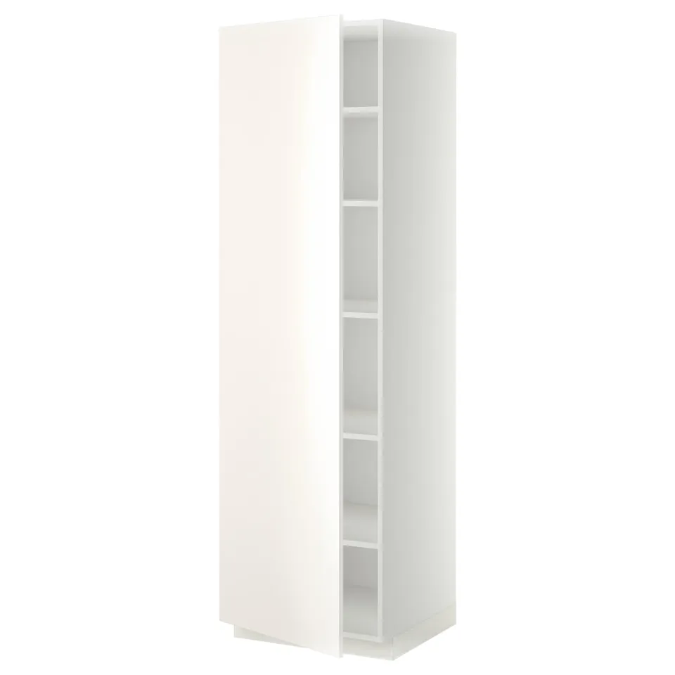 A white ikea METOD tall cabinet with four shelves. It has a sleek, modern design for kitchen storage.