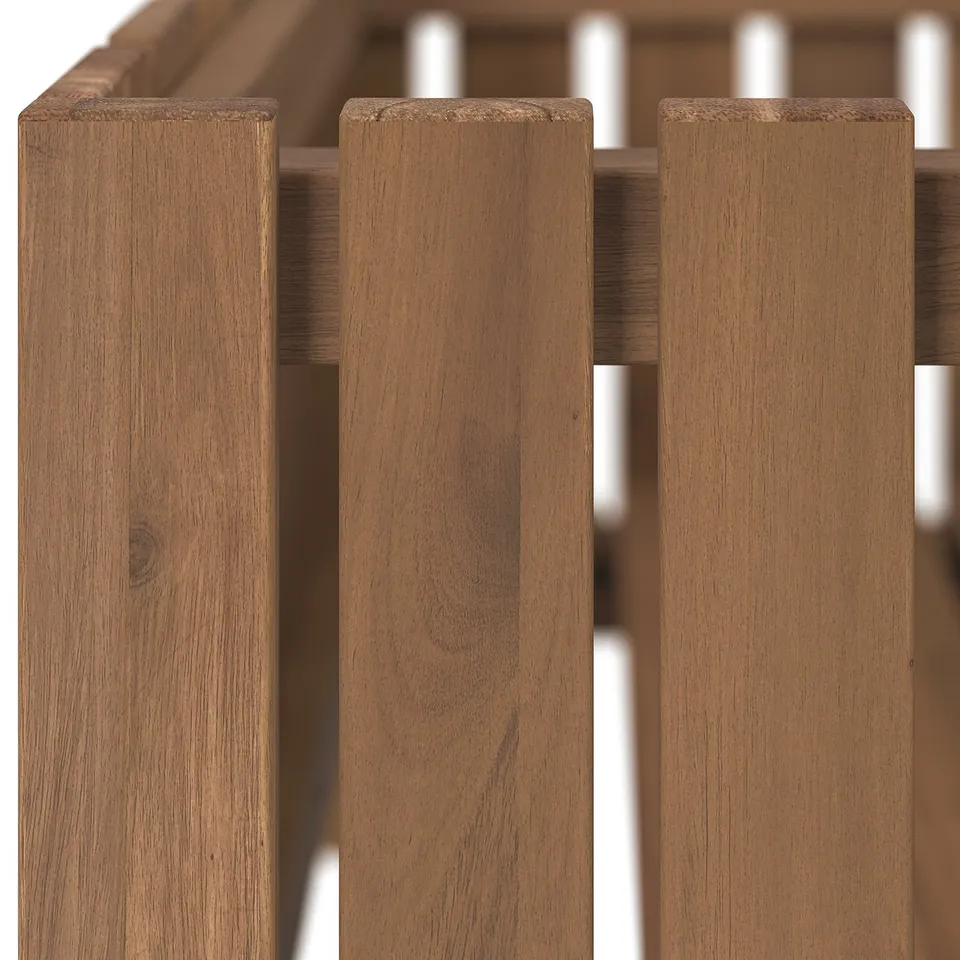 Close-up of natural wood plant stand; shows durable acacia wood texture.
