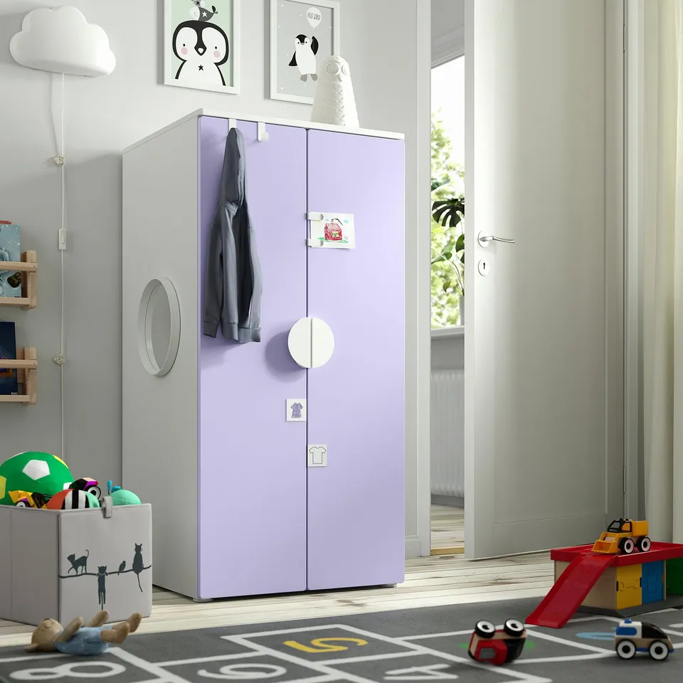 Lavender SMÅSTAD kids wardrobe with mirrored doors & adjustable feet.