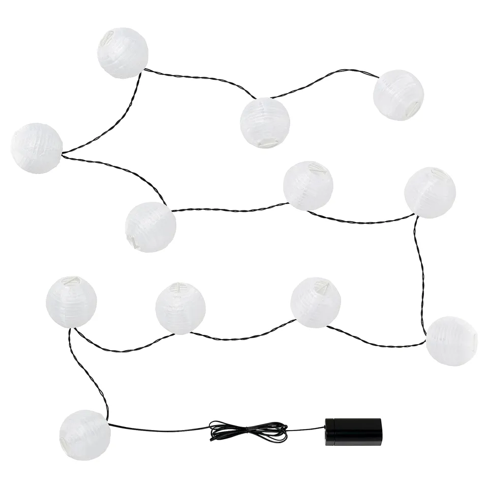 String of 10 white lantern lights, powered by black battery box.