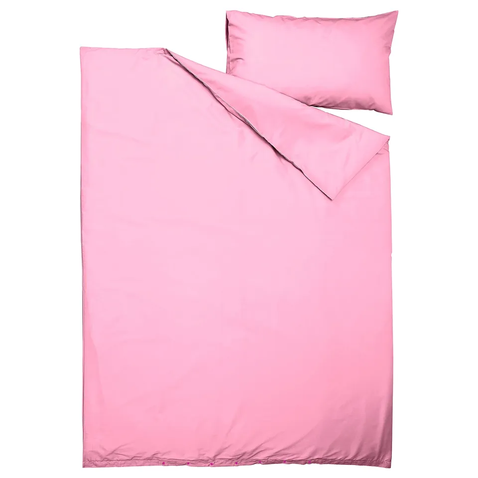 Bright pink bedding set, rectangular duvet & pillow, smooth fabric, recycle content, simple modern design.