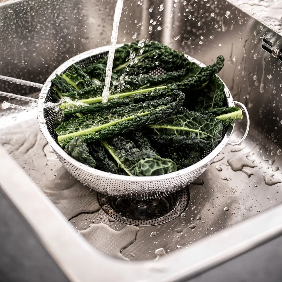 Vegetables washed in kitchen sink strainer.
