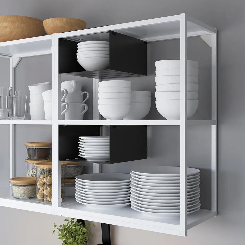 Wall shelf with open dish storage and hooks.