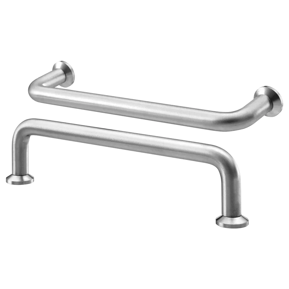Two modern metal handles, sleek and stainless steel, designed for cabinets or drawers, with clean line aesthetics.