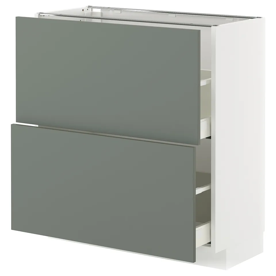 Modern kitchen cabinet in grey-green with sleek design and sturdy frame.