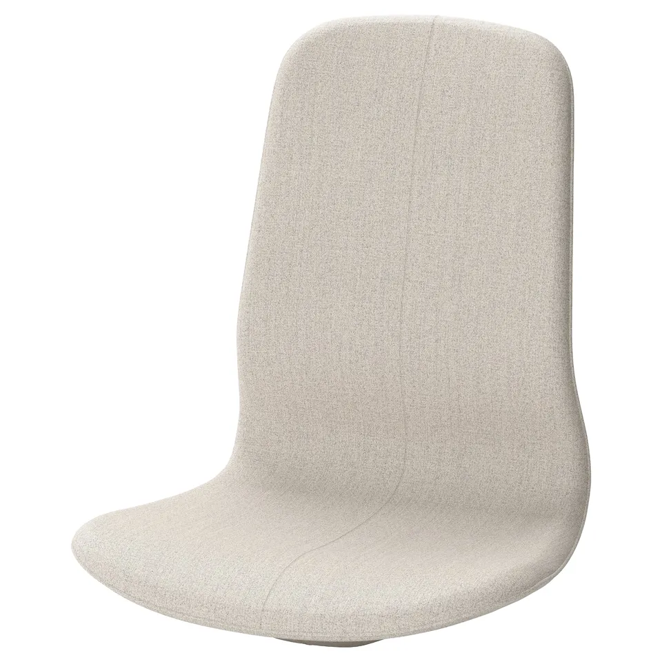 A LÅNGFJÄLL office chair in beige, featuring a curved back and seat, with built-in lumbar support and upholstered in polyester fabric.