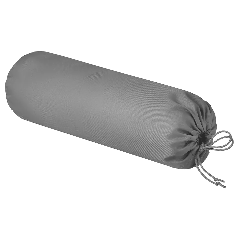 Grey, rolled-up garden furniture cover, resistant to sun and dirt, with elastic closure.