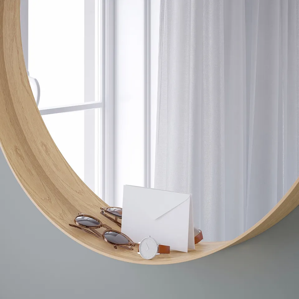 Mirror with shelf & items near window