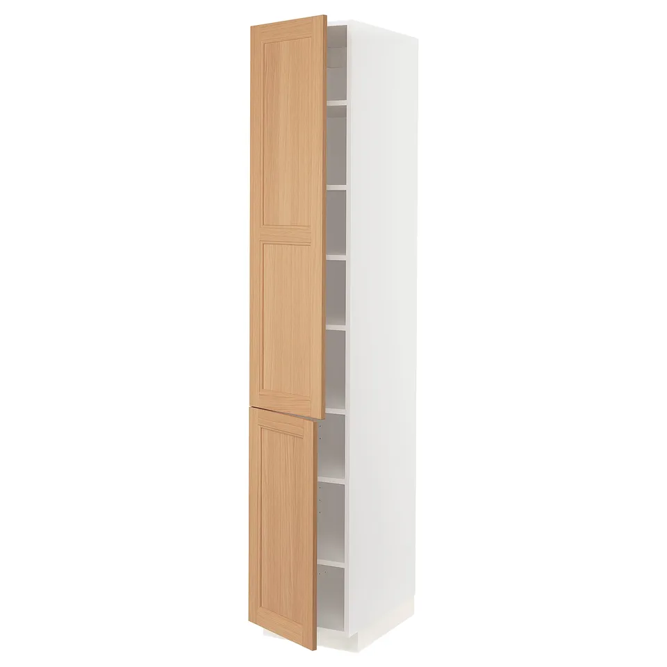 A METOD kitchen cabinet with two light oak doors, featuring a sleek, tall, and rectangular design.