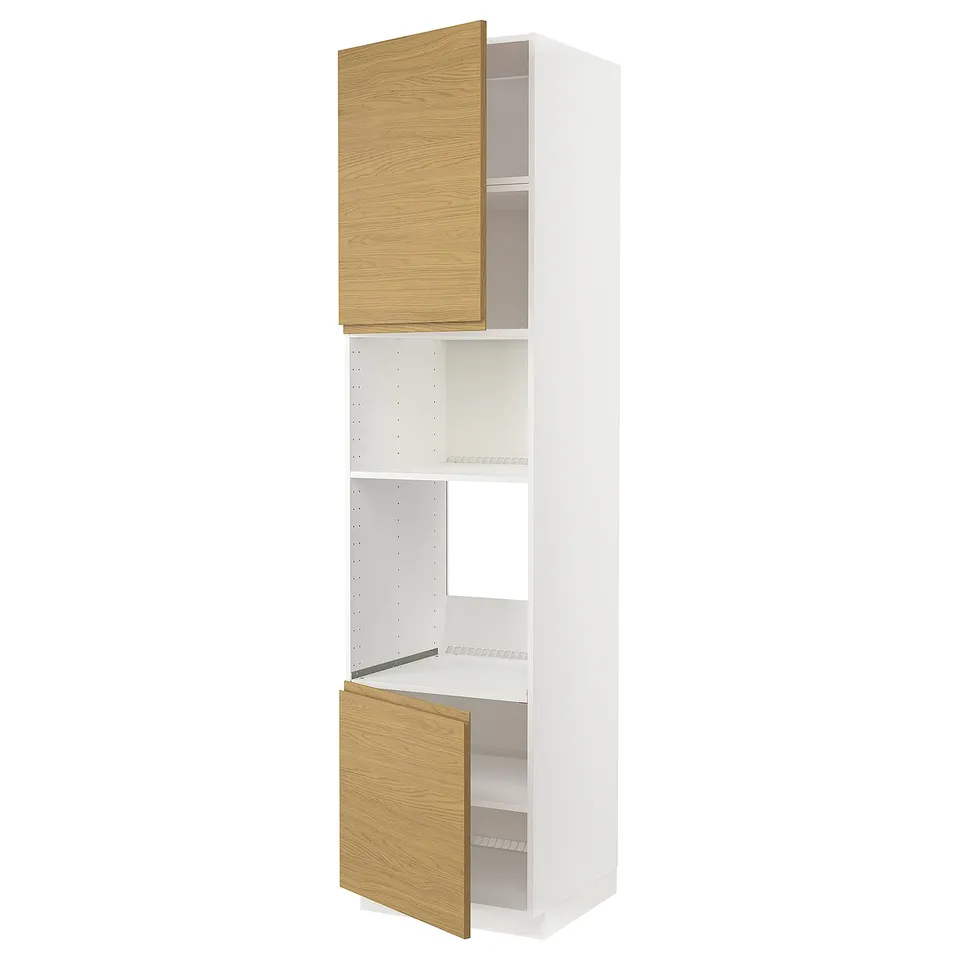 A white and light brown ikea METOD kitchen cabinet with open doors, featuring a modern minimalist design.