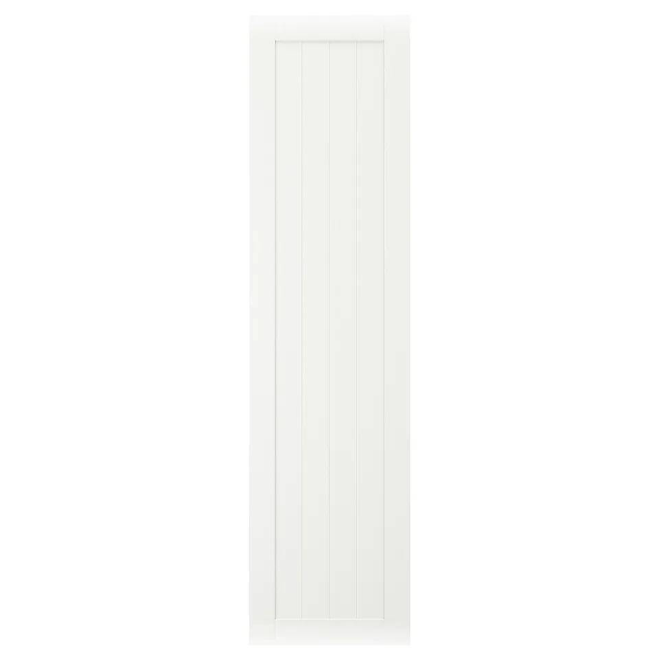 A white GULLABERG door; simple, rectangular, with vertical panels. Fibreboard and acrylic paint material.