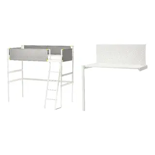 VITVAL set: loft bed frame + desk top, white/light grey + white, 90x200 cm