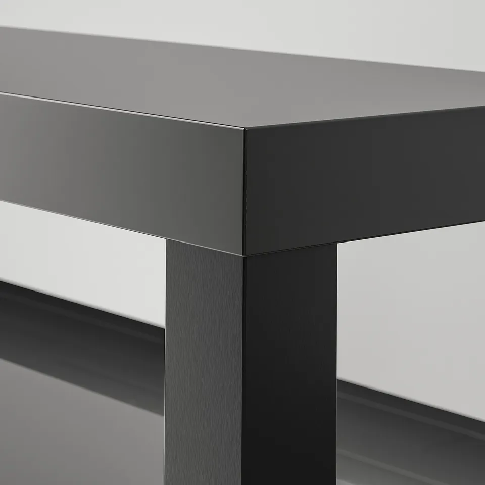 Modern, sleek tv bench in dark finish; shows high-quality materials and clean design.