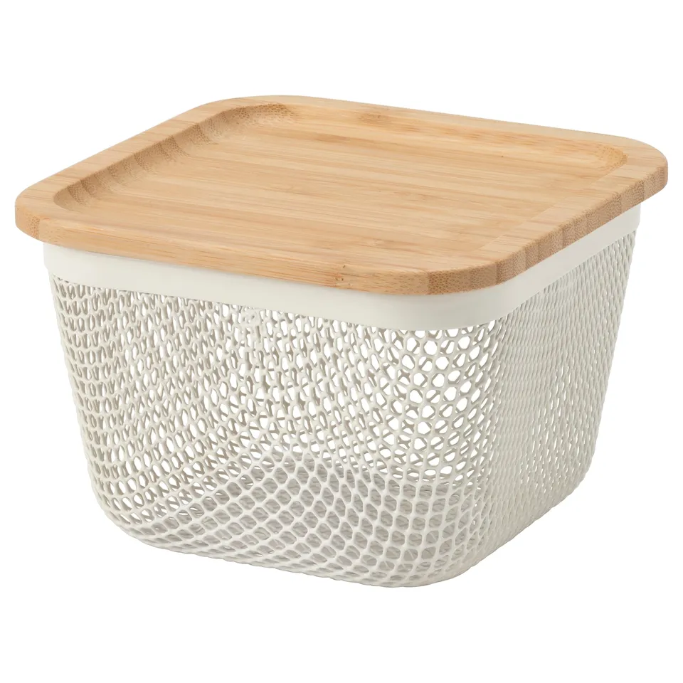 IKEA 365+ white mesh basket with bamboo lid, square, breathable, kitchen storage.