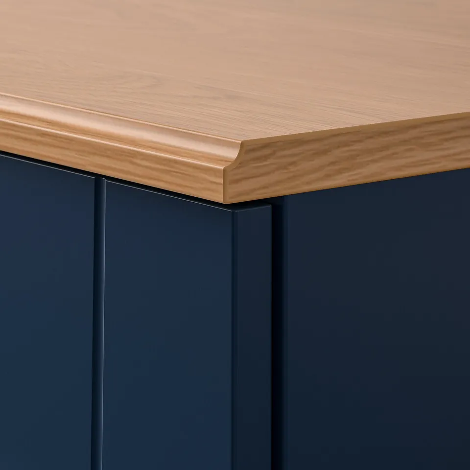 Modern tv unit with sleek wooden top, deep blue cabinet, sturdy and stylish.