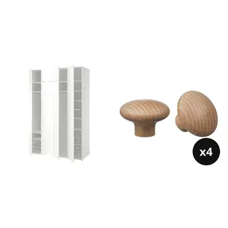 LASTARE/PLOCKAR set: wardrobe combination + knob x4, white/with height extension unit + beech, 160x62x237 cm