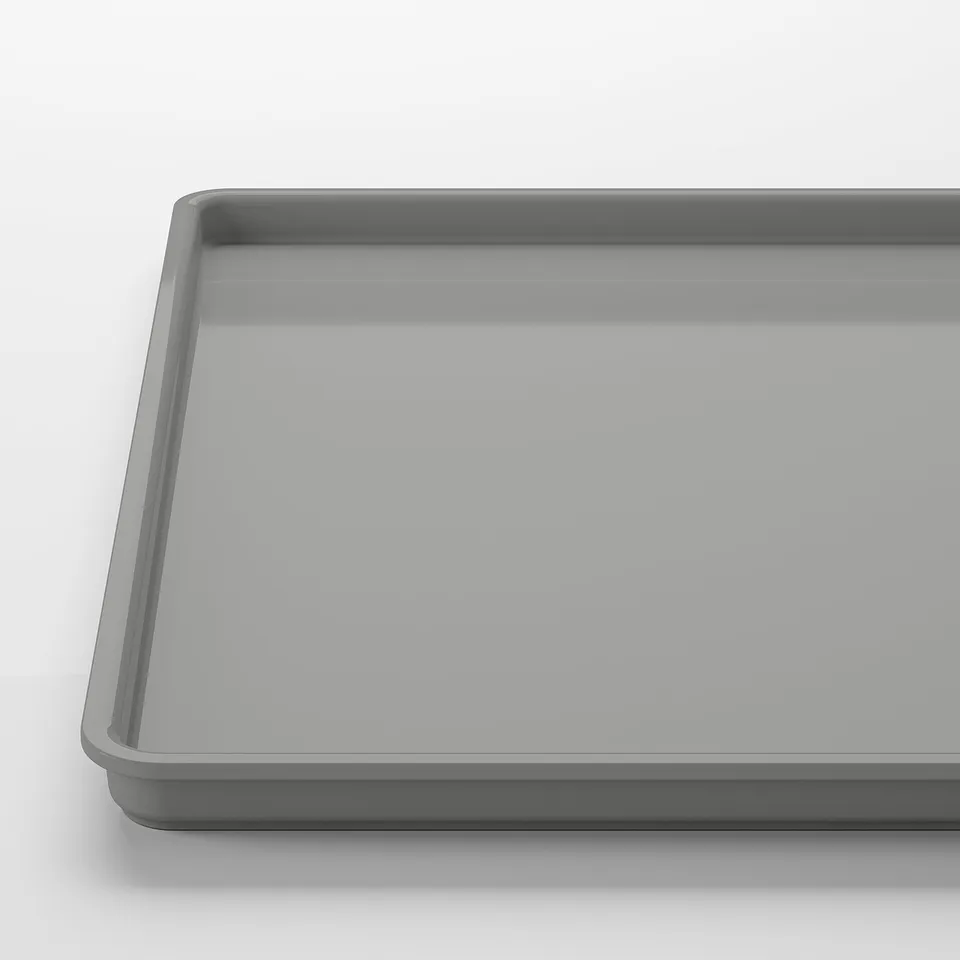 Empty rectangular plastic container with smooth, grey rim.