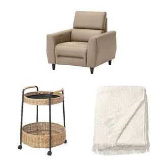 HORNMAL/LUBBAN/RULLERUM set: recliner, electric + trolley table with storage, Grann/Bomstad beige + rattan/anthracite + off-white, Depth 94 x Width 97 cm