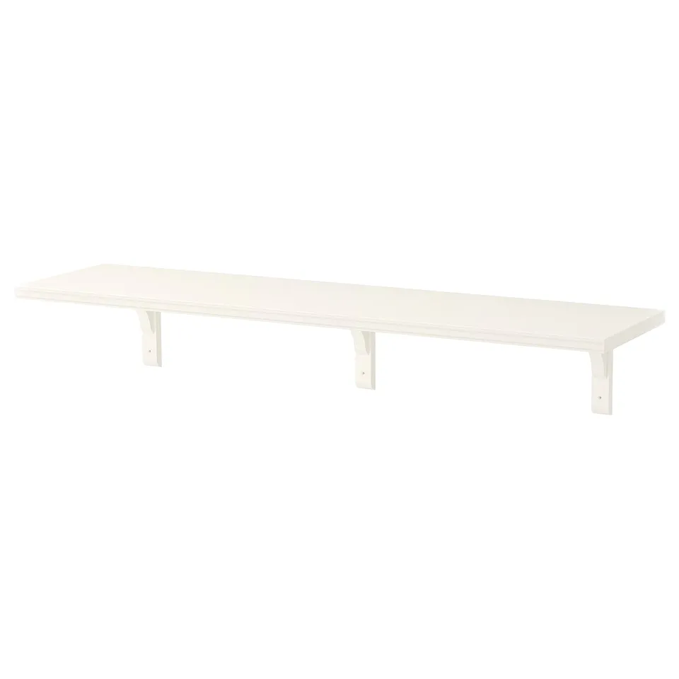 White BERGSHULT shelf with smooth edge, metal brackets, particleboard.