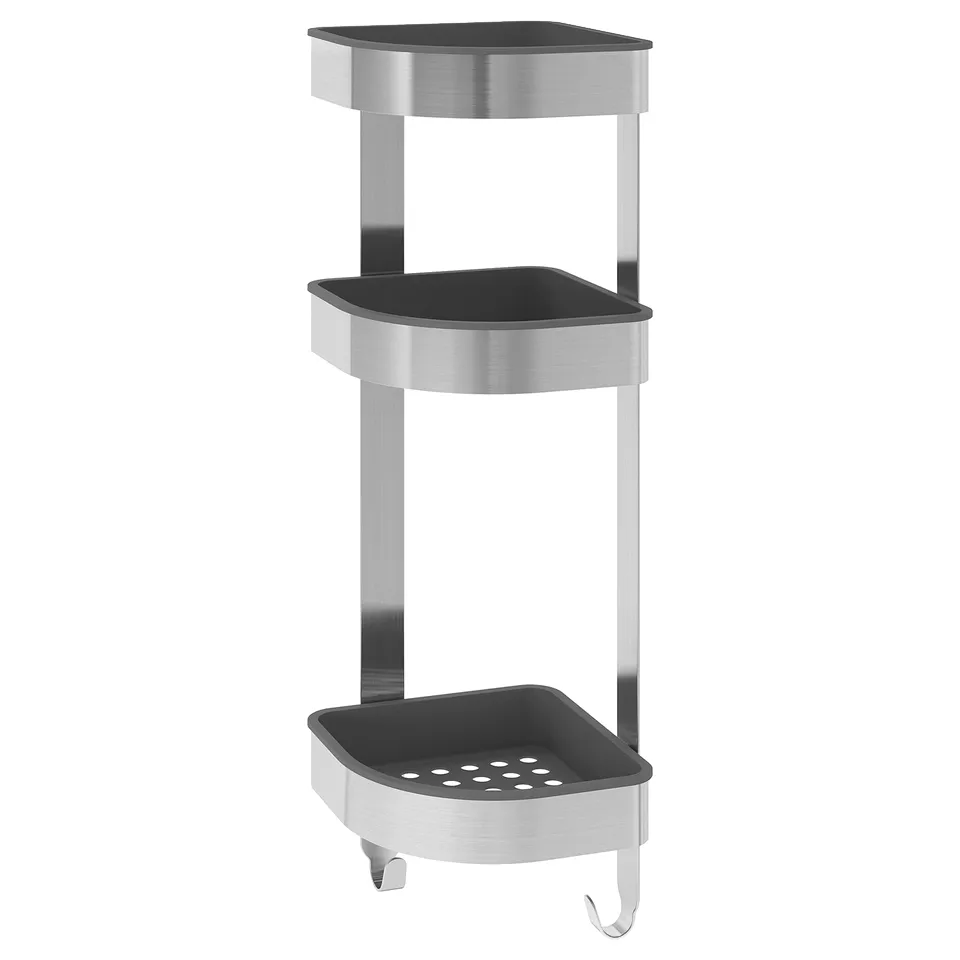 Silver ikea BROGRUND 3-tier shower caddy with black inserts, efficient drainage, and hanging hooks for bathroom organization.