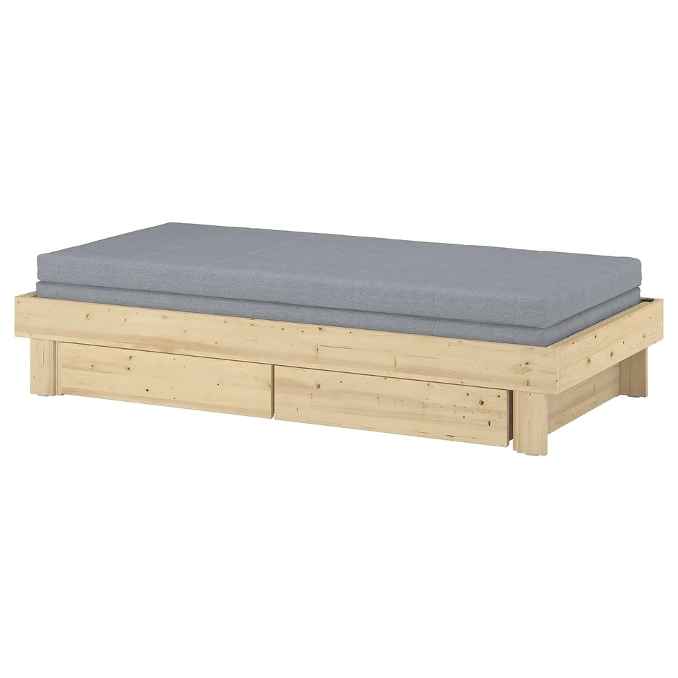 GLAMBERGET extendable bed with grey mattress. Light wood frame, rectangular, sleek design.