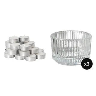 tealight(unscented) + circle tealight holder ×3 set: unscented tealight + tealight holder ×3, clear glass