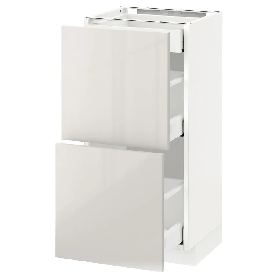 White high-gloss kitchen cabinet with two drawers.