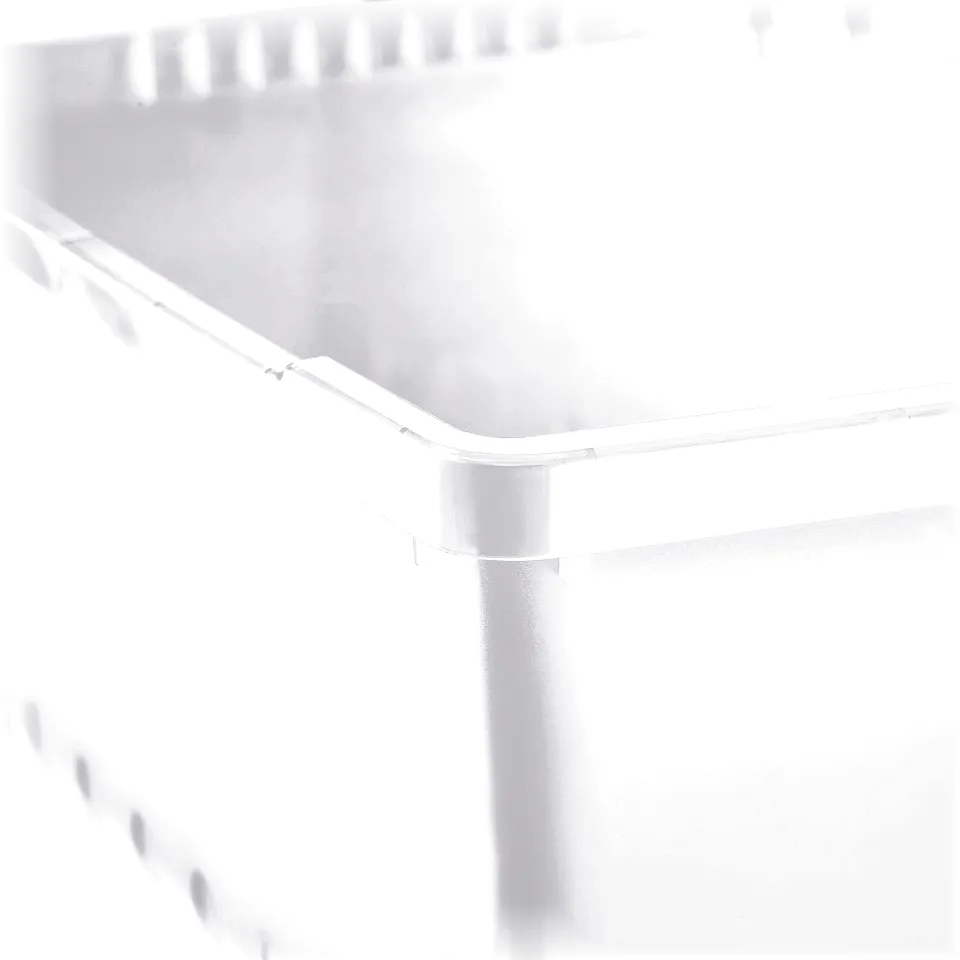 Close-up of sturdy, white plastic storage box with for stacking and protection.