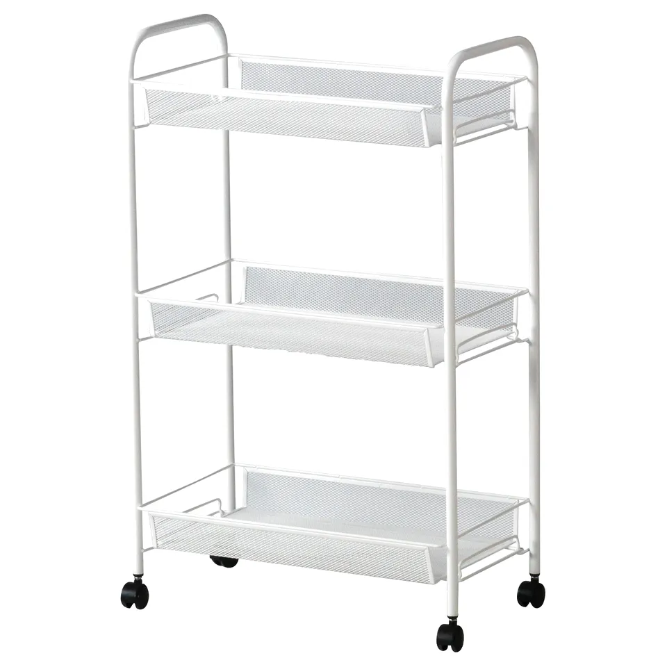 HORNAVAN white 3-tier bathroom storage trolley with wheels for easy movement, steel and plastic construction.