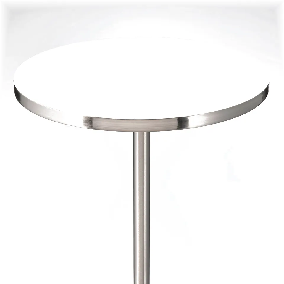 Round metal table with a sleek, polished surface and a single, slender leg. Modern design, high-quality finish.