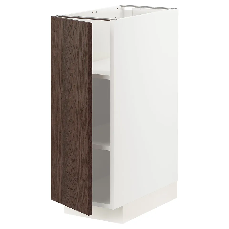 White METOD kitchen cabinet with dark brown wooden door, visible grain, adjustable shelf.