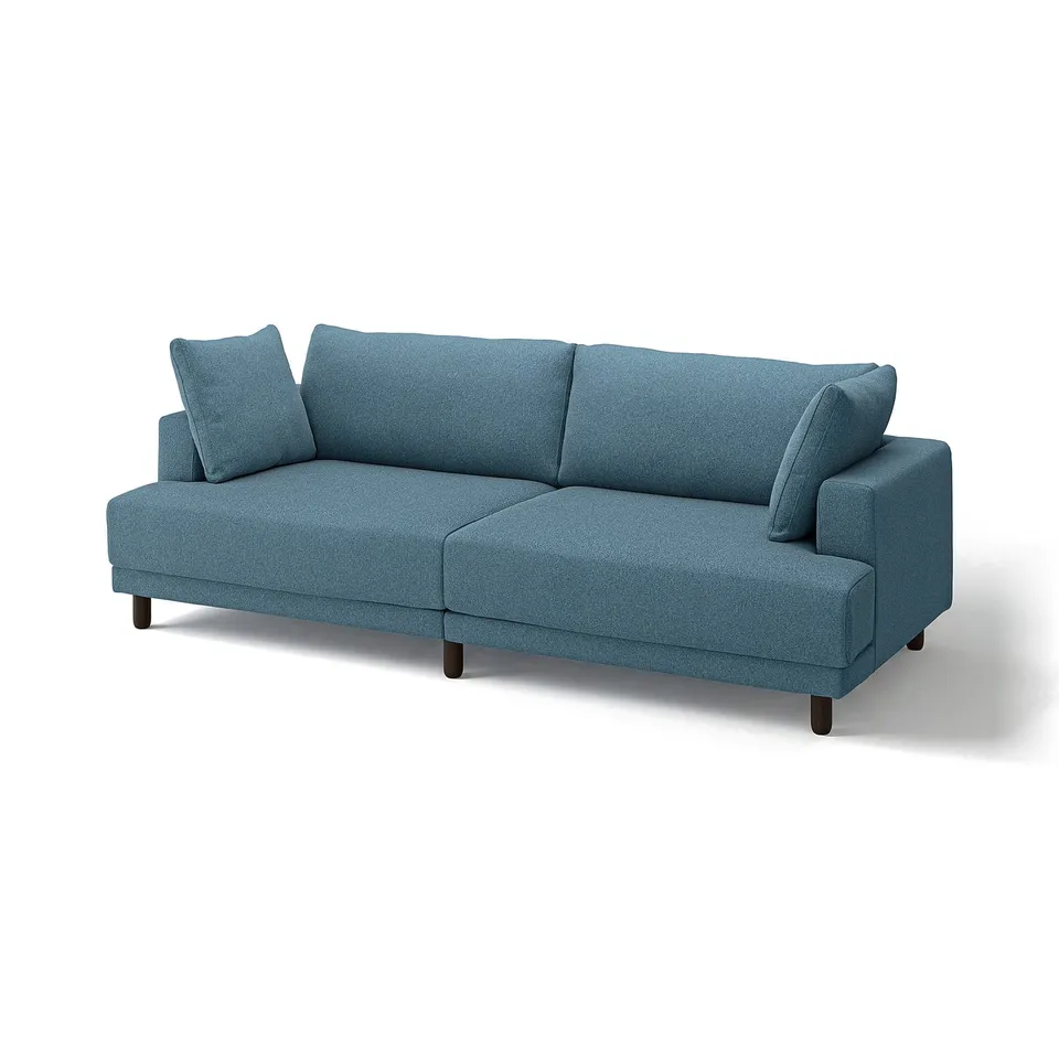 UPPÅKRA blue sofa, modern & comfy, with deep cushions & wooden legs.