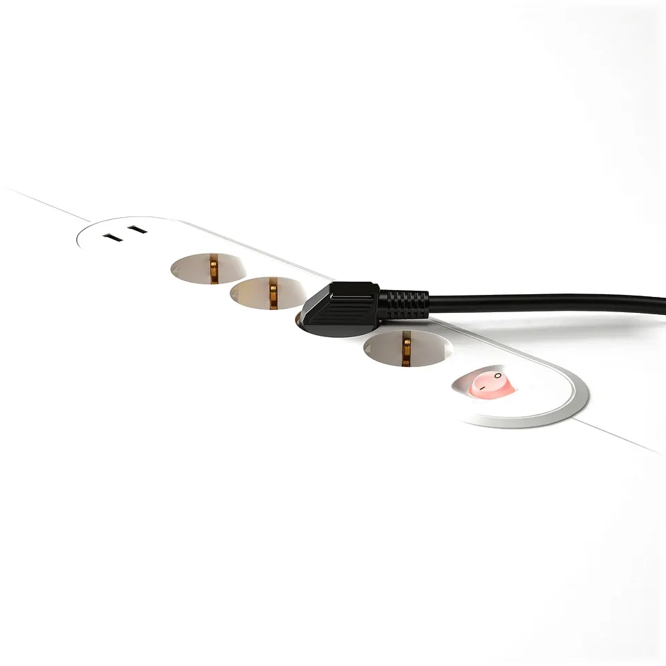 Modern conference table with usb ports and cable management tray.