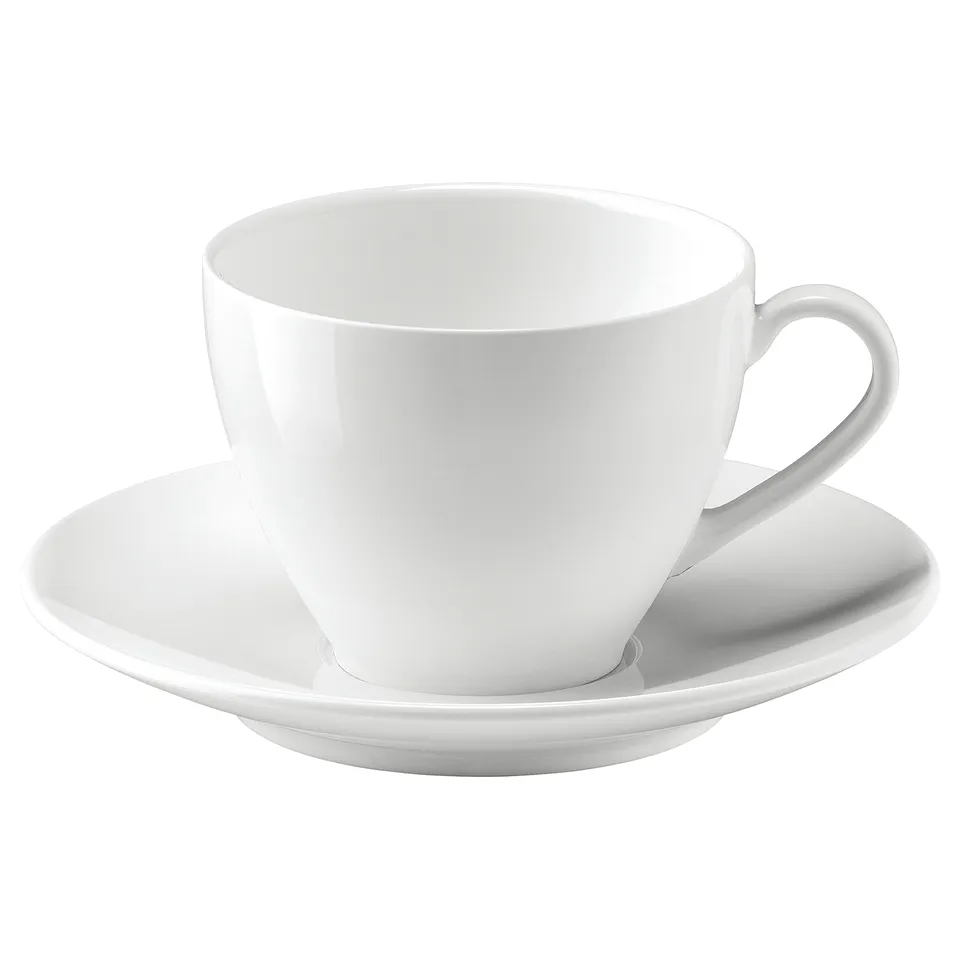 Small white VÄRDERA coffee cup with handle on matching saucer, round shape.
