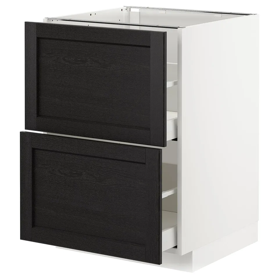 A METOD kitchen cabinet with two black stained wooden drawers and a white base.