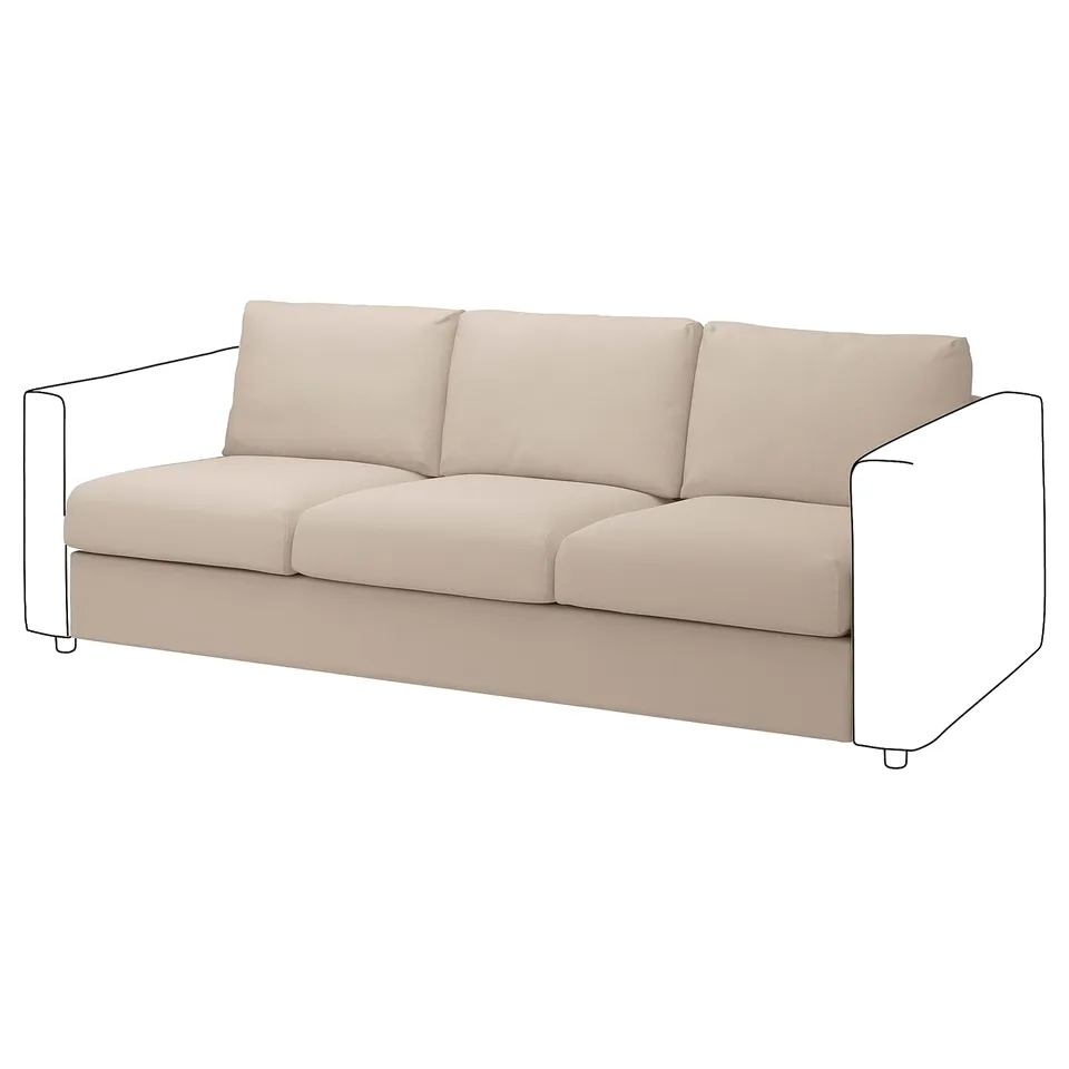 A beige VIMLE sofa with straight lines, three cushions, and metal legs.