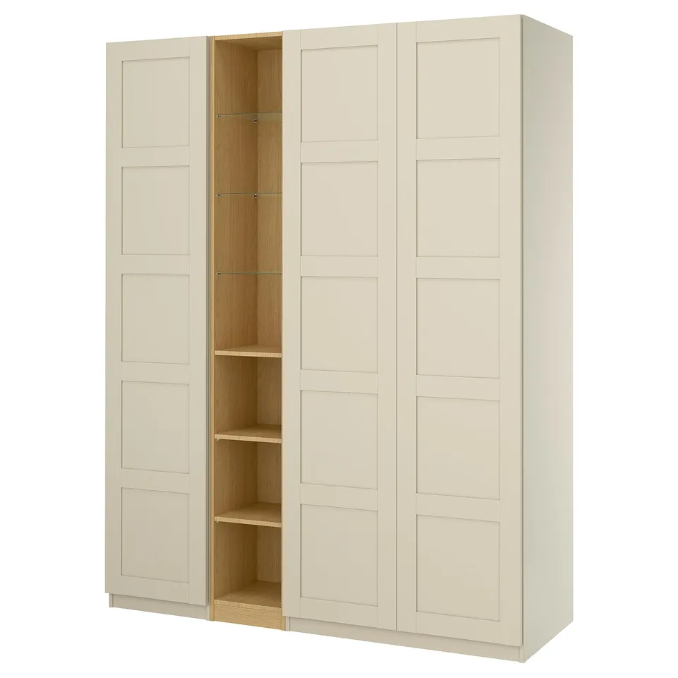 PAX / BERGSBO Wardrobe combination, grey-beige grey-beige/oak effect, 185x60x236 cm
