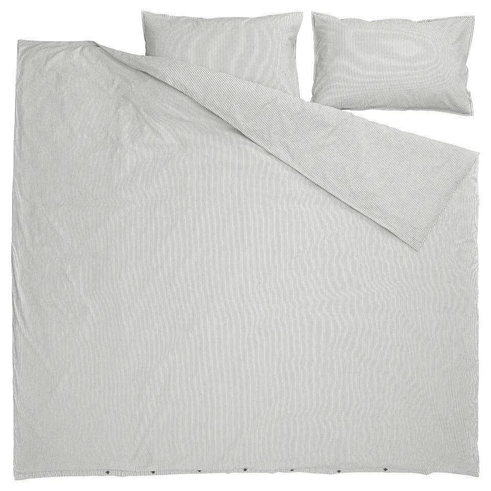 SOLFIBBLA bed set - dark green/white stripes, duvet, flat sheet, 2 pillowcases, 100% cotton with recycled content.