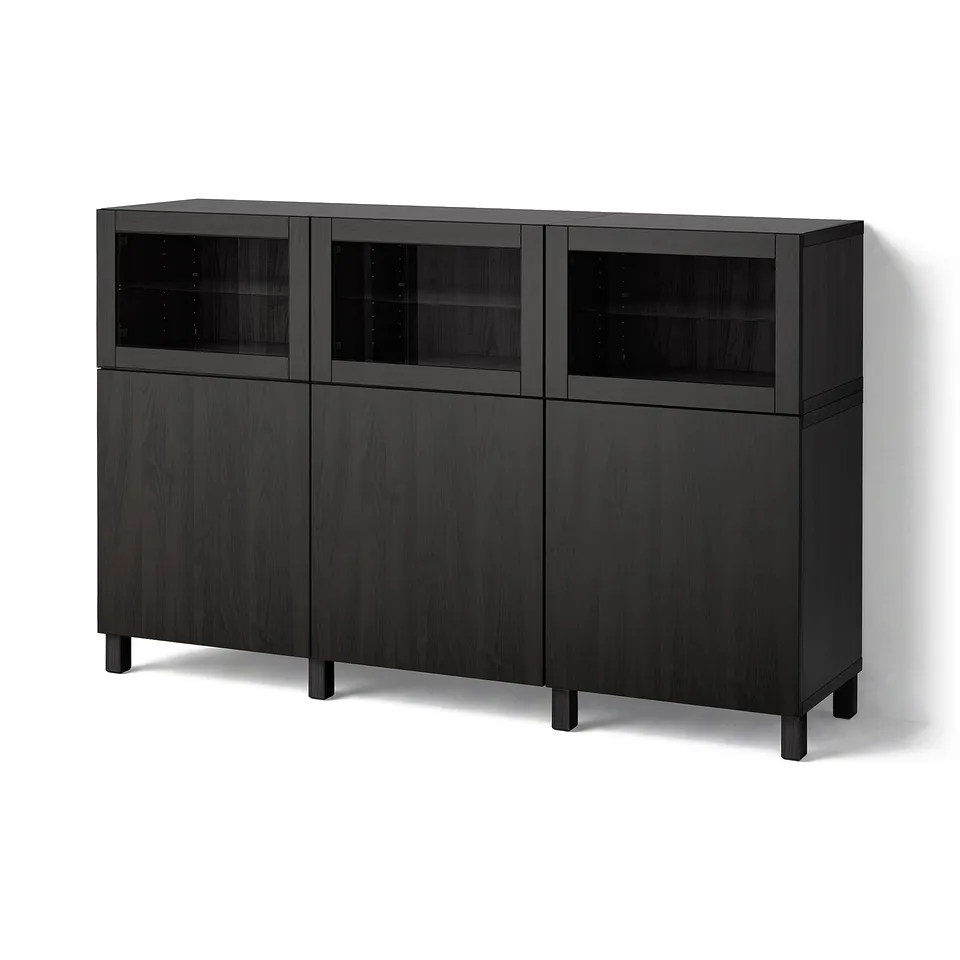 BESTÅ Storage combination with doors, black-brown Lappviken/Sindvik black-brown clear glass, 180x42x112 cm