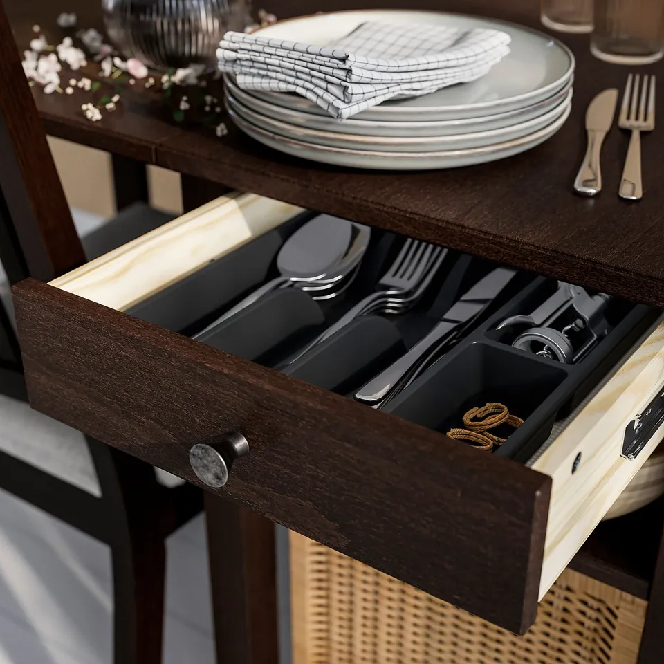NÄSINGE Gateleg table with storage, dark brown stained/beech veneer, 48/104/159x85 cm