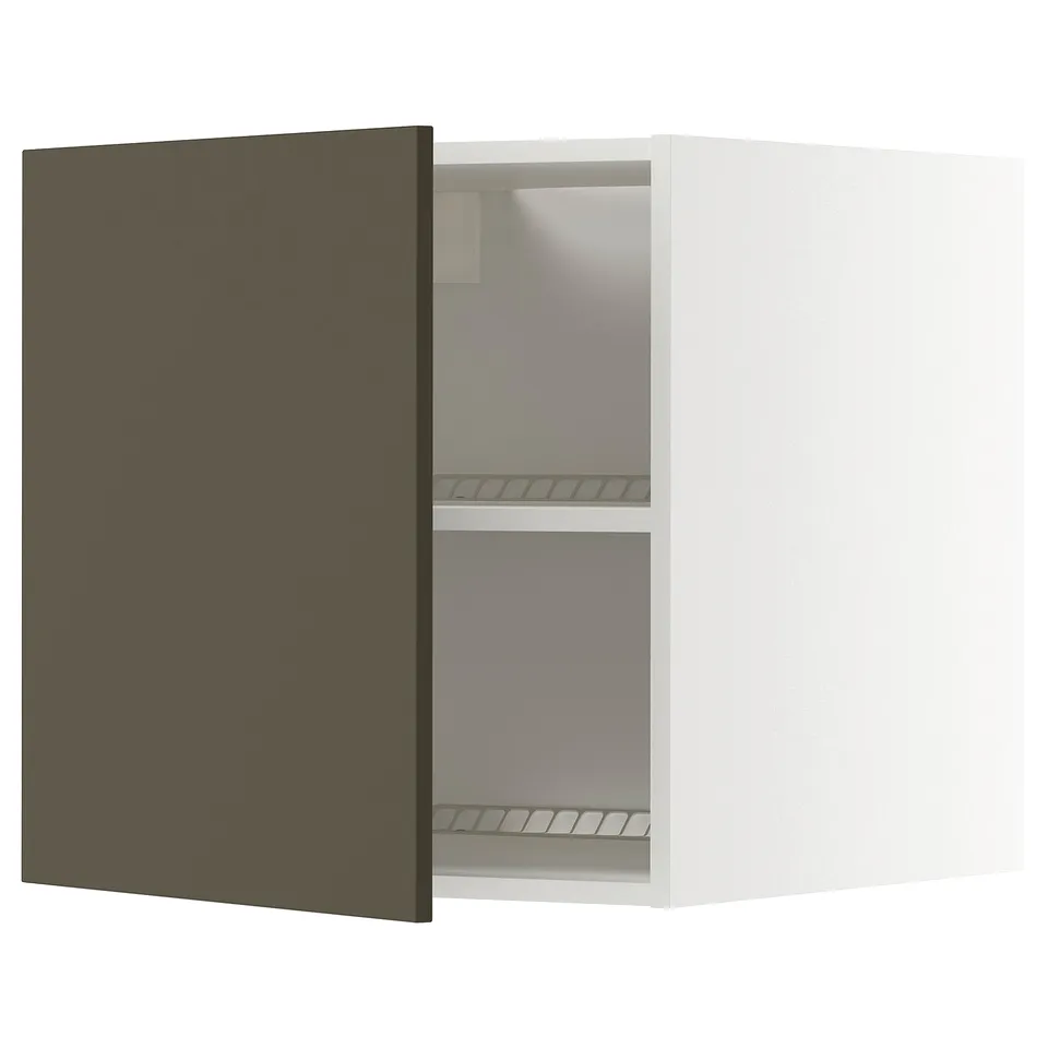 An open METOD wall cabinet with dark brown havstorp doors and two shelves inside.