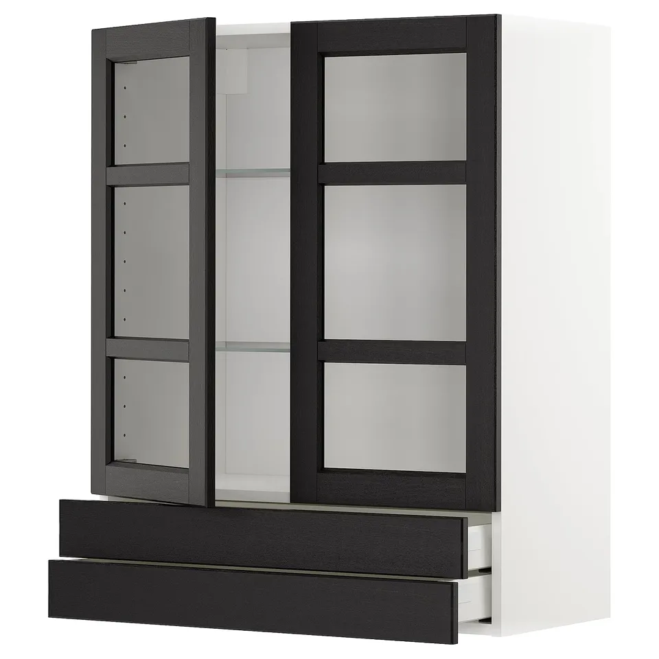 Modern black & white kitchen unit, METOD. Glass doors with wooden frame, adjustable shelves, sleek design.