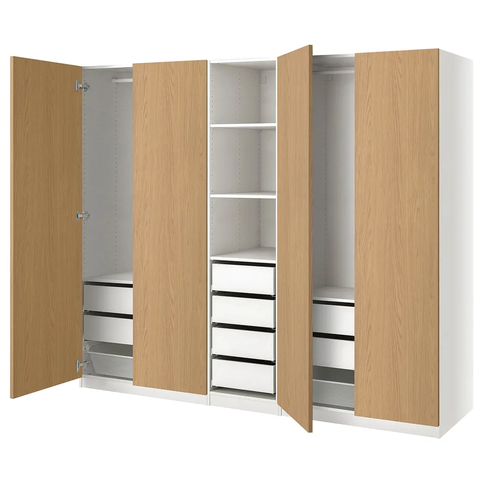 Ikea PAX oak wardrobe, open, showcasing shelves and drawers.