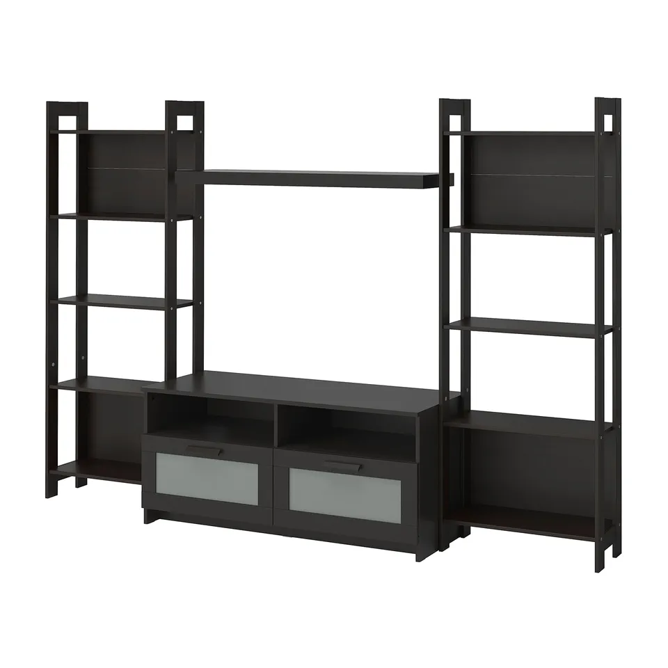 Black LAIVA tv unit set: sleek, modern design with shelves, drawers, and storage.