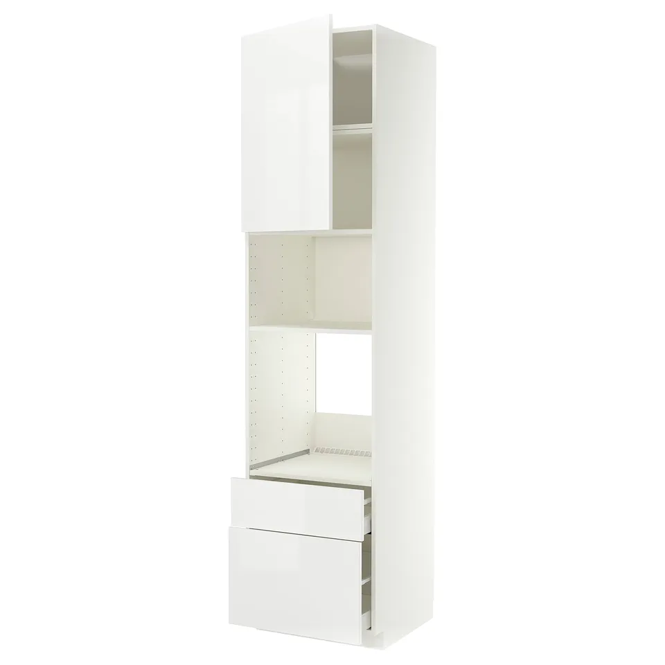 A white METOD kitchen cabinet with glossy finish, featuring a drawer, shelves, and hinged door.