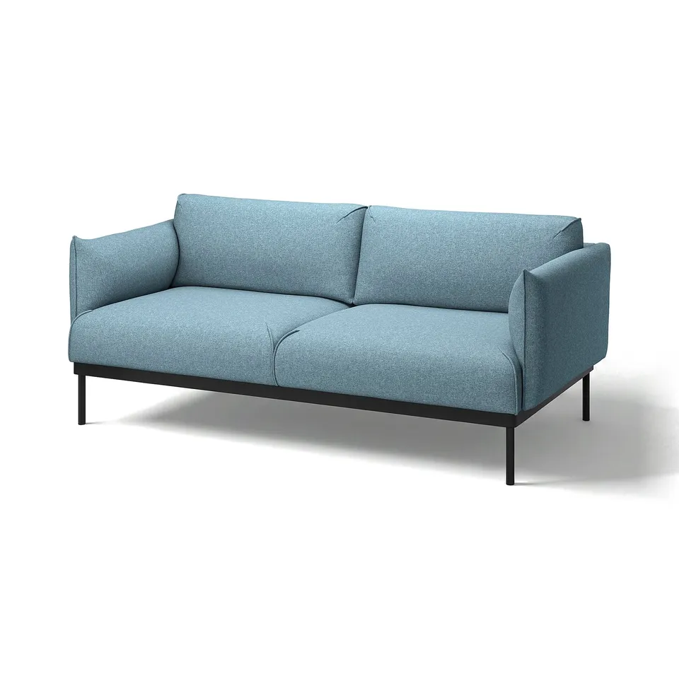 ÄPPLARYD blue sofa, modern, u-shaped, upholstered in recycled polyester, slim legs.