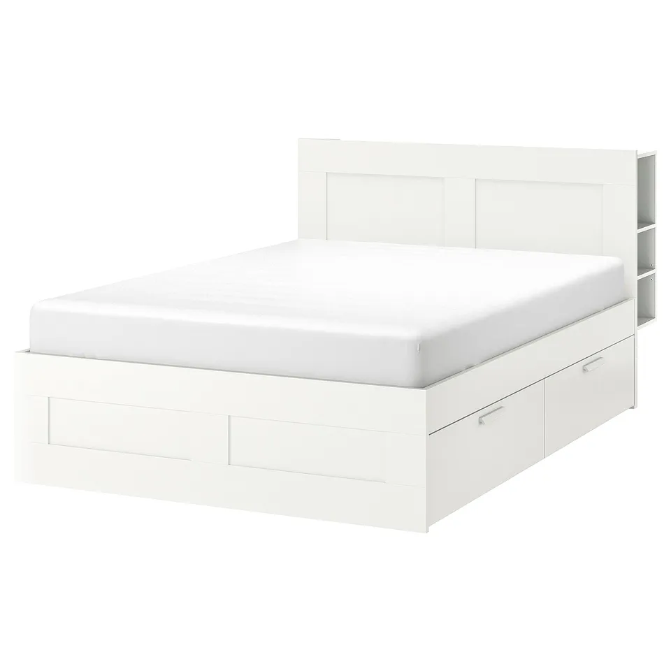 BRIMNES white bed: modern, storage-friendly bed with clean lines, drawers, and headboard shelves. Space-saving, adjustable design in white.